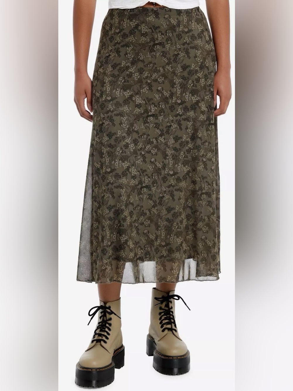 SOCIAL COLLISION Olive Skeleton Floral Midi Skirt Size L